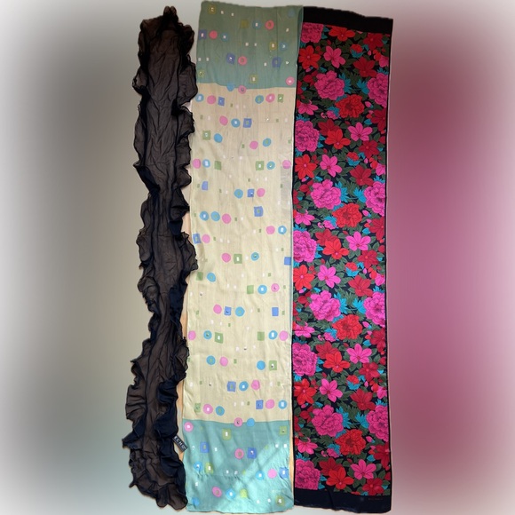 3️⃣🧣Lot of 3 Silk Scarves by ECHO | Oblong | Solid Black/Black Floral/Pastel - Picture 3 of 17